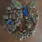 Large Gold Tone Butterfly Wreath Brooch With Colorful Stones Blue Photo 0