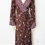 Aura [] Brown Floral Print Long Sleeve V-Neck Moroccan Wrap Maxi Dress Boho Sz XL Photo 1