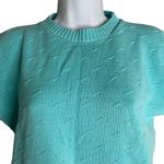 Vintage 80s Short Sleeve Knit Sweater S Teal Cotton Dolman Round Neck Ribbed Photo 1