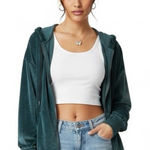 Cozy Plush Velvet Zip Hoodie Jacket Womens L Green Lounge Casual Y2K Cool Girl Size L Photo 0