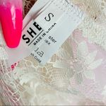 SheIn Coquette Sheer Lace Ruffle Mock Neck Long Sleeve Blouse Cream Small Photo 12