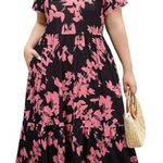 Amazon Pink and Black Floral Short Sleeve Midi Dress Full Tiered Skirt XL Photo 0