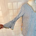 John Mark blue white stripe bell sleeve colorful print back blouse size small Photo 2