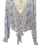 Rhythm Blue Floral Button Tie Front Long Sleeve Blouse Shirt Size Small Photo 1