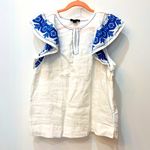 J.Crew 100% linen Flutter sleeve Embroidery blouse blue white size small Photo 6