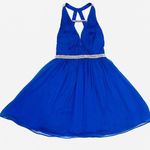 Minuet Royal Blue Cocktail Evening Halter Dress with Beaded Straps & Open Back Photo 0