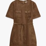 ZARA  NWT faux suede tan brown belted short sleeve mini dress with pocket front Photo 4