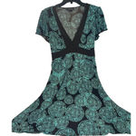 My Michelle  Teal Green & Black Print A-line Dress with Deep V-neck & Tie‎ Belt L Photo 0