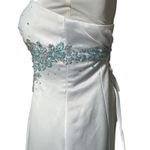 Mac Duggal  Sz 6 White Silk Blue Beaded  Ruffle Princess Gown Formal Prom Dress Photo 3
