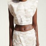 ZARA neutral tan camo linen blend cropped boxy fit short sleeve top size large Photo 0