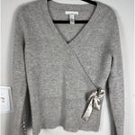 Lucy & Laurel  Wrap Sweater | Medium | Gray Lambswool Angora Satin Bow Luxury Photo 0