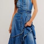 Free People  Western Bohemian Ruffle Denim Midi Maxi Dress Large Belted Cowgirl Photo 0