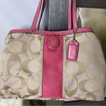 Coach  signature stripe framed carryall khaki satchel with pink leather trim Photo 15
