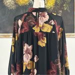 DR2 Womens Size Large Black Floral Print High Neck Swing Blouse Sheer Sleeves Photo 5