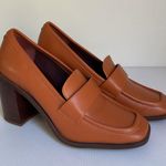 Franco Sarto Tan Leather Block Heel Loafers Women’s Sz 9.5M Classic Penny Heels Photo 2