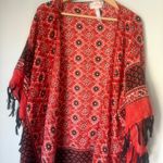 Free People Fringe Kimono One Size Open Front Boho Red/Black Beach Cover-Up Photo 0