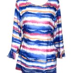 Alfred Dunner Womens Top Size M Blue Pink Striped Watercolor Print Rhinestones Size M Photo 0