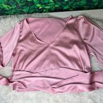 Women's Elegant V Neck Self Tie Knot Long Sleeve Satin Blouse Shirt Top Pink L Size L Photo 8