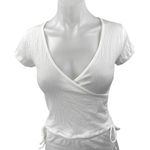 Brandy Melville  White Crinked Faux Wrap Short Sleeve Ruched Crop Blouse Top Sz S Photo 0