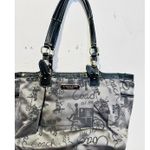  Grey Black Stage Coach Horse Printed Fabric Y2K Leather Tote Handbag Photo 1