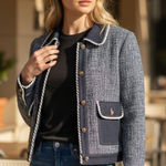 NWT Tweed Jacket with Contrast Denim Trim Button Up Jacket Blazer Medium Blue Photo 0