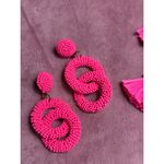 2 Pairs Hot Pink Neon Beaded Fringe Straw Boho Dangle Earrings Costume Jewelry Photo 1