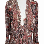 VTG Notations Blouse XL Geometric Shimmer Sheer Tie Front Ruffle Y2k Whimsical Red Photo 0