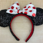 Disney  Parks Minnie Mouse Sequence Ears Red White Polka Dot Satin Bow Mickey Photo 0
