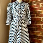 Elegant Blue White Striped Long Sleeve Shirt Dress 1960s 1970s Vintage Work Wear Size 14 Photo 2