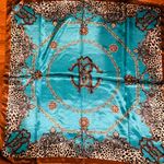 VINTAGE Leopard Print NWT TURQUOISE SQUAR SILKY SCARF hand rolled edges 35/35 Photo 8