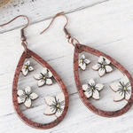 Boho Chic Wooden Teardrop Earrings with Vintage White Floral Cut Photo 0
