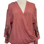 Chic coral Wrap Blouse with Embroidered Sleeves Pink Size M Photo 0