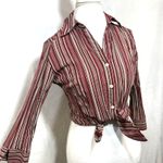 Apt. 9  Stretch Small Striped Red 3/4 Sleeve Top V-Neck Buttoned Retro Y2K‎ Work Photo 1