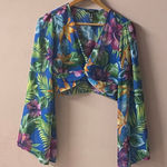 Forever 21 Sheer Blue Tropical Print Long Flared Sleeve Crop Top Size M EUC Photo 0