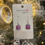Handmade Poured Paint Square Earrings Swirl Stainless Steel Elderly Artisan Pink Photo 1
