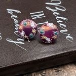 Vintage 1970s Purple Floral Glass Cabochon Earrings Stainless Steel Photo 8
