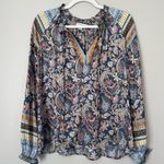 Current Air Floral Paisley Border Print Ruffle Trim Satin Peasant Blouse Blue M Photo 1