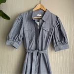 Calvin Klein Puff Sleeve Belted Dress Size 12 Chambray Denim Pockets Photo 2
