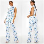 Pretty Little Thing PLT White Blue Floral Scuba High Neck Tie Waist Jumpsuit Women’s Size 12 Photo 1