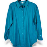 Eileen Fisher  Teal Green Organic Linen Button Down Shirt Womens LP Lagenlook Top Photo 0