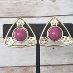Vintage Clip On Earrings Unusual Triangle Shape Gold Tone & Dark Pink Photo 0