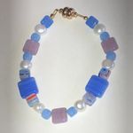 Elegant Blue and Purple Glass Genuine Pearl Beaded Boho Bracelet Photo 2