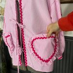 Candy Pink Gingham Heart Pocket Tie Front Blouse Ruffle Ric Rac Trim Top Photo 3