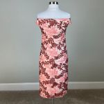 Adrianna Papell  Sequin Off the Shoulder Cocktail Dress Pink Floral Midi Sheath Photo 4
