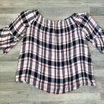 Crown & Ivy  Pink Blue Plaid 3/4 Sleeve Top On Or Off Shoulder J45 Photo 0