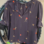 Madewell Navy Blouse with Red Floral Embroidery Photo 0