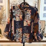 Patchwork Floral Boho Blouse Balloon Sleeve Tie Neck Oversized Fit Women’s Small Blue Photo 9