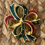Danecraft Vintage Gold Tone and Multicolor Enamel Bow Christmas Brooch Photo 0