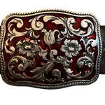 Gap Brown Leather Ladies Belt, Red Enameled Floral Buckle, Sz S Photo 8