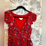 Anthropologie  Maeve Red Floral Dress ruffle wrap sz 10 M Photo 2